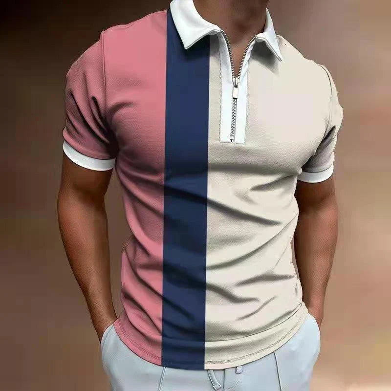 Men's striped polo shirt with lapel collar and short sleeves in various colors