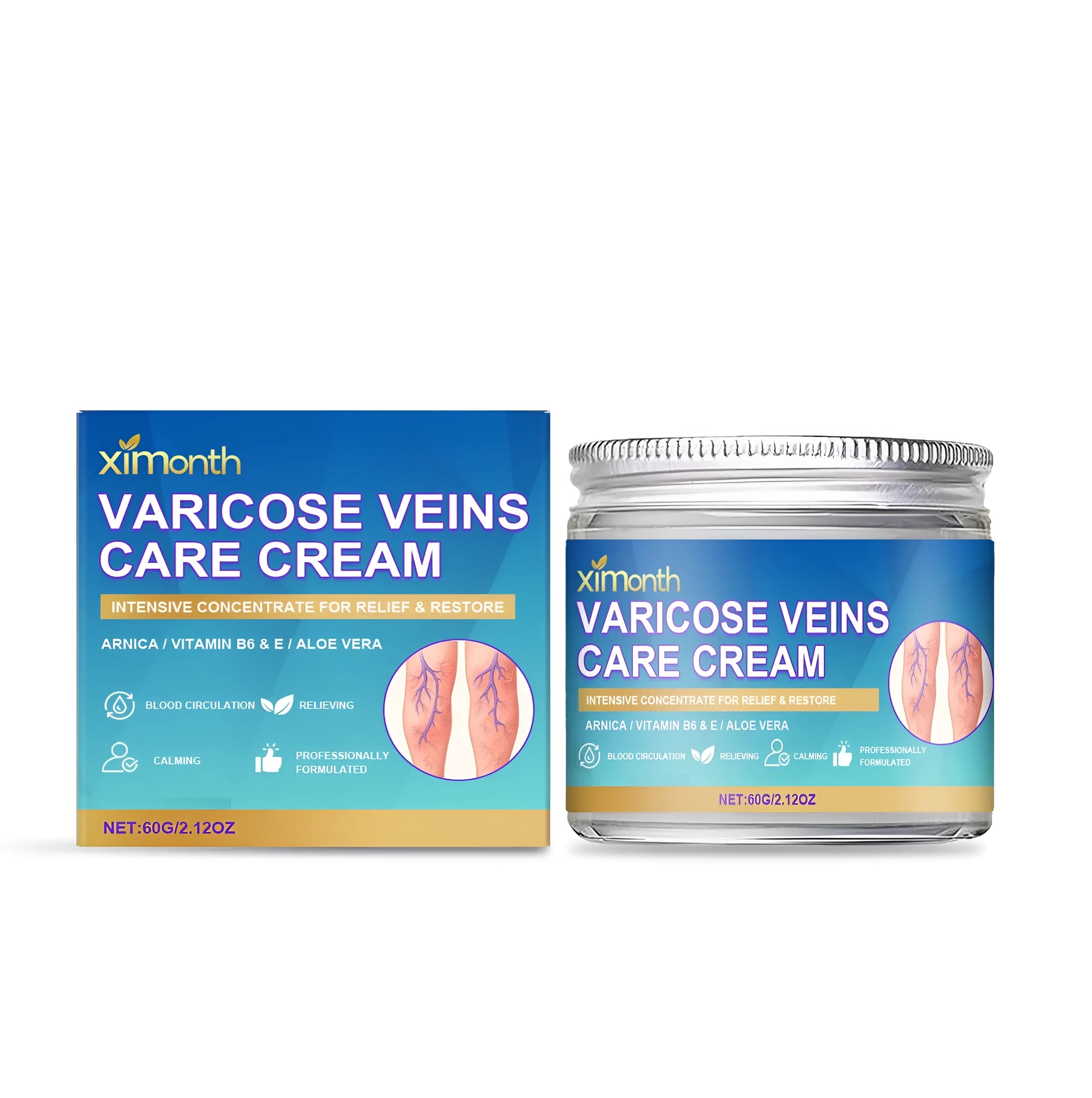 60g tube of varicose veins care cream with ingredients mint, arnica, and vitamin B6.