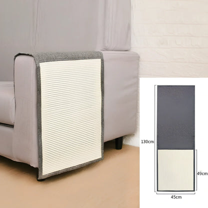 Dark grey cotton linen cat scratcher pad on sofa arm, 50cm wide anti-scratch protection for pet claws