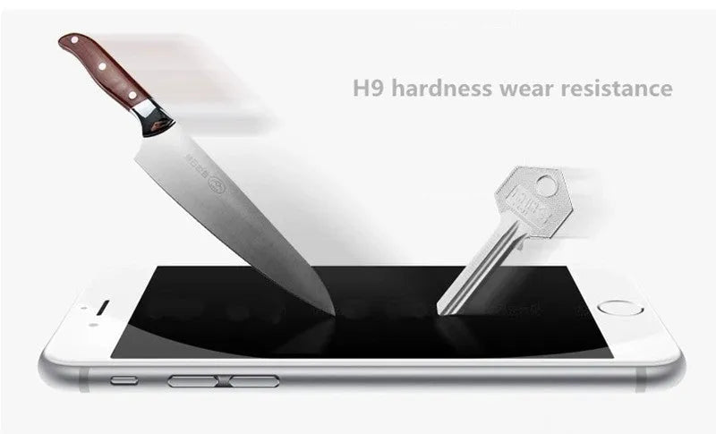 Tempered glass screen protector with 9H hardness and oleophobic coating for mobile phones.