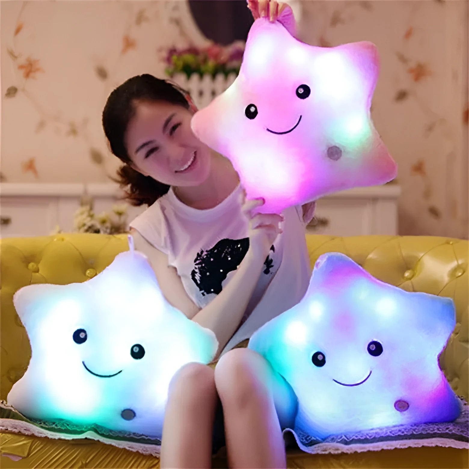 Glowing five-pointed star plush pillow in blue colour with soft luminous surface
