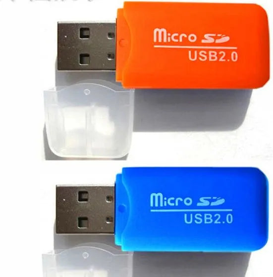 Mini USB TF Card Reader for microSD memory cards, shown with optional 16GB card and SD adapter.