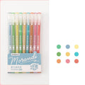 Set of nine 0.5mm needle-tip gel pens in a plastic storage case with Nordic, retro, salt, or sweet style colours.