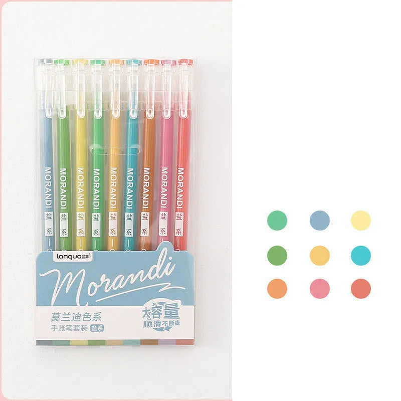 Set of nine 0.5mm needle-tip gel pens in a plastic storage case with Nordic, retro, salt, or sweet style colours.