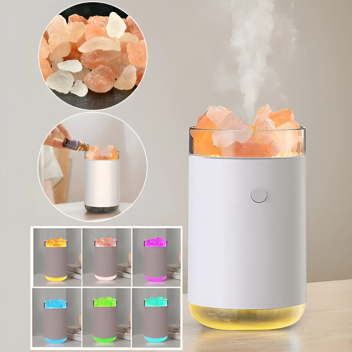Ultrasonic humidifier diffuser with crystal salt stone and LED lamp in white finish on a desk with USB cable