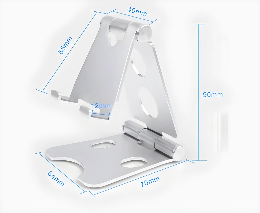 Folding mini mobile phone bracket in black on a wooden desk holding a smartphone