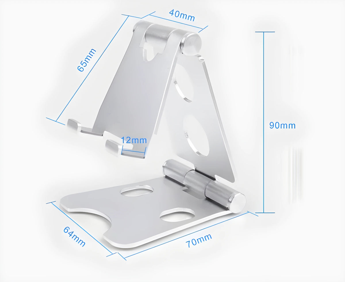 Folding mini mobile phone bracket in black on a wooden desk holding a smartphone