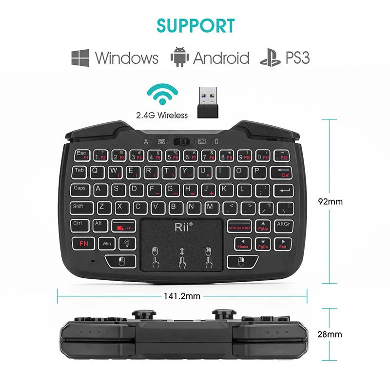 Black wireless mini keyboard with USB receiver on desk