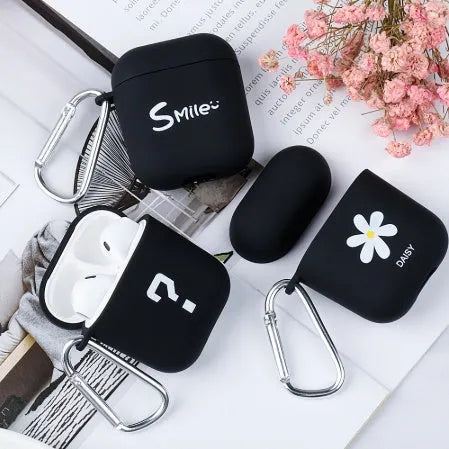 Apple AirPods PC back cover case with decorative designs in black and pink colours