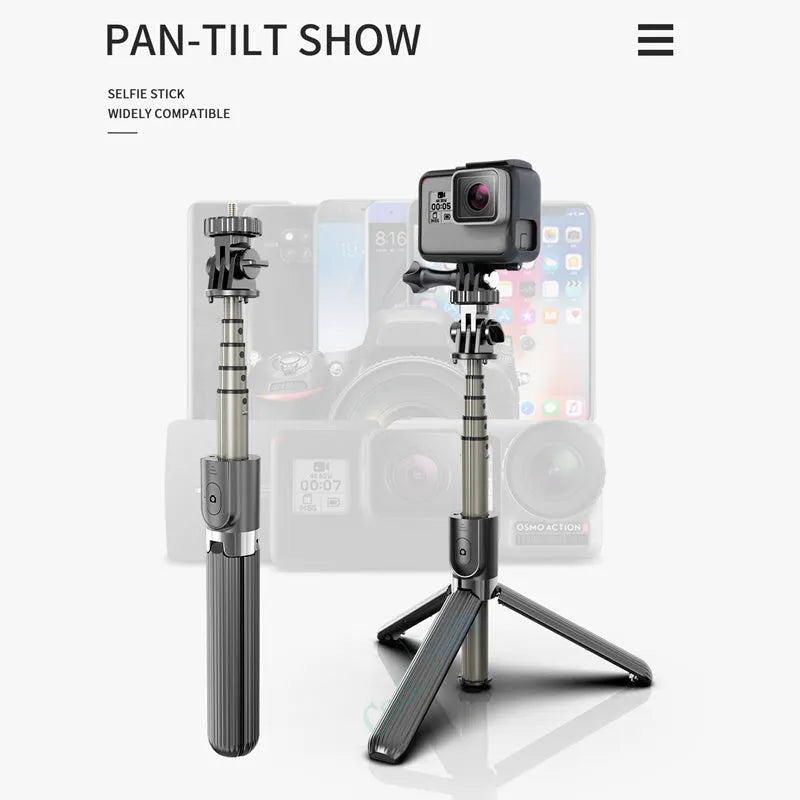 Black and white Apple-compatible tripod selfie stick with extendable shaft
