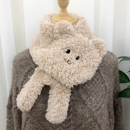 Women's winter bear plush scarf in lamb wool, available in white, apricot, khaki, and beige
