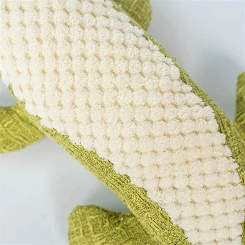 Corn grid texture pet plush toy in blue, green, and red colours with biting sound mechanism