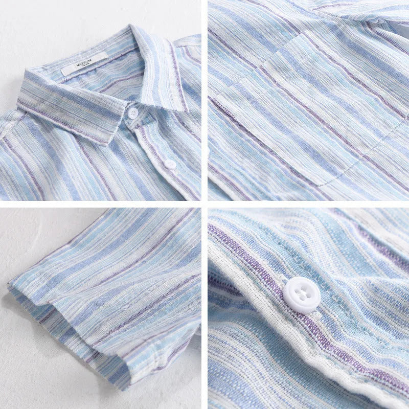 Summer menswear striped minimalist short sleeve shirt in light blue stripe, loose fit cotton blend linen