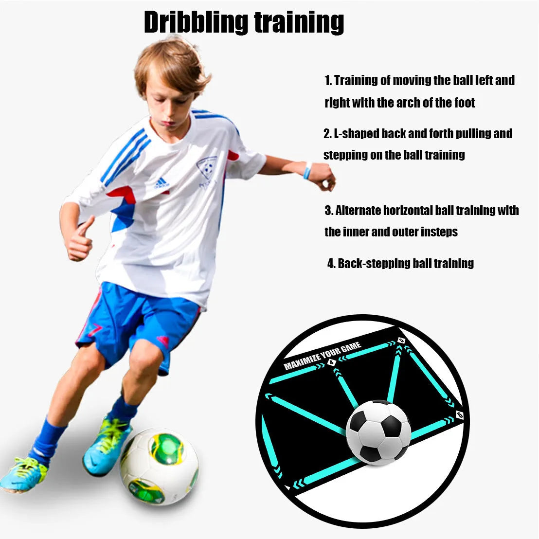 Black rectangular football training mat with non-slip base measuring 60 by 90 centimetres