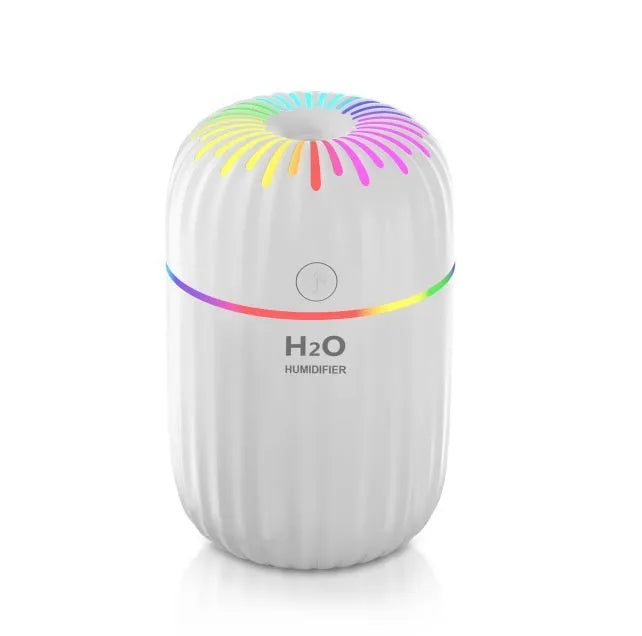 Compact white USB humidifier with 300ml tank beside laptop showing dimensions