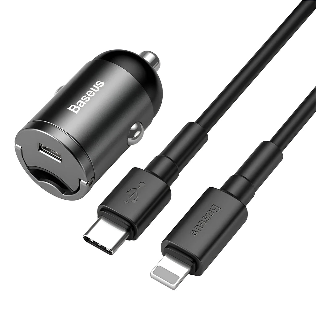 Electro-optical grey 30W PPS fast car charger set with a single USB port and 1m cable.