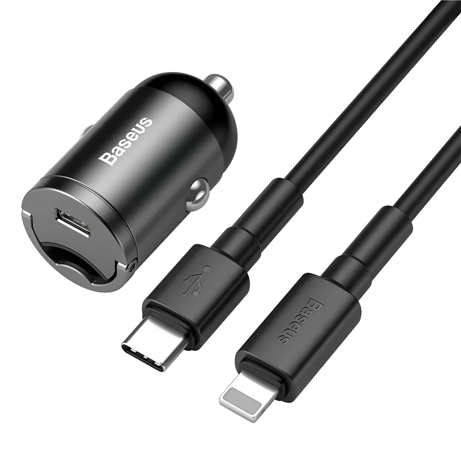 Electro-optical grey 30W PPS fast car charger set with a single USB port and 1m cable.