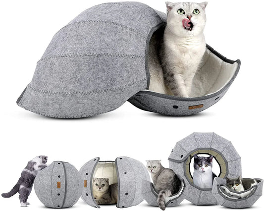 Plush, foldable cat tunnel transforms into a cozy hideaway for your playful kitty