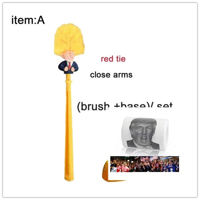 Bright yellow Trump-themed toilet brush with hanging slot
