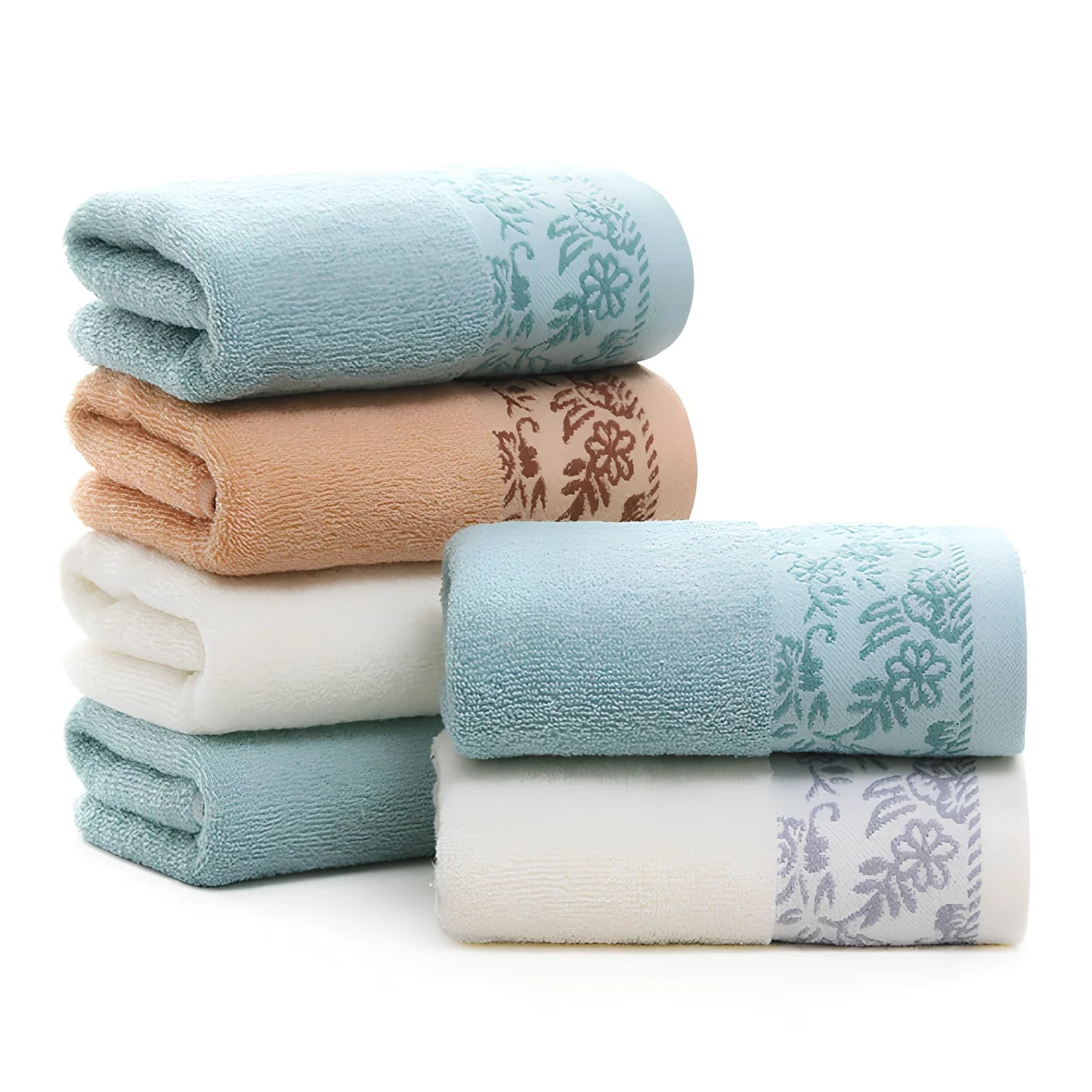 Creamy white wisteria flower jacquard cotton towel, 32 ply absorbent, 34x73cm dimensions