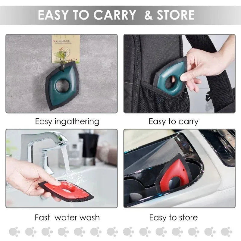 Silicone pet hair remover brush tool for carpets and sofas in black, green, and red colour options.
