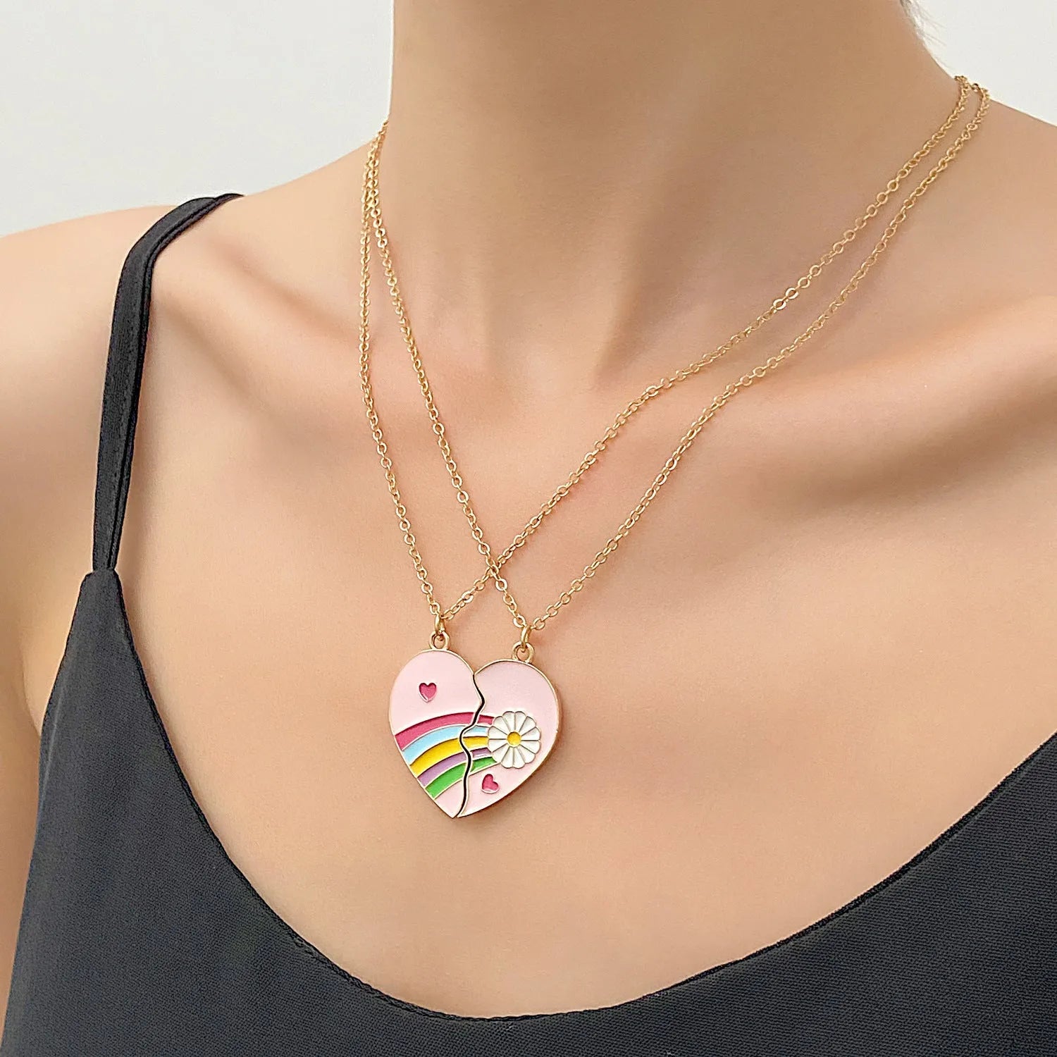 Women's alloy love rainbow necklace with regular chain, electroplated finish, love pendant, available in eleven colours