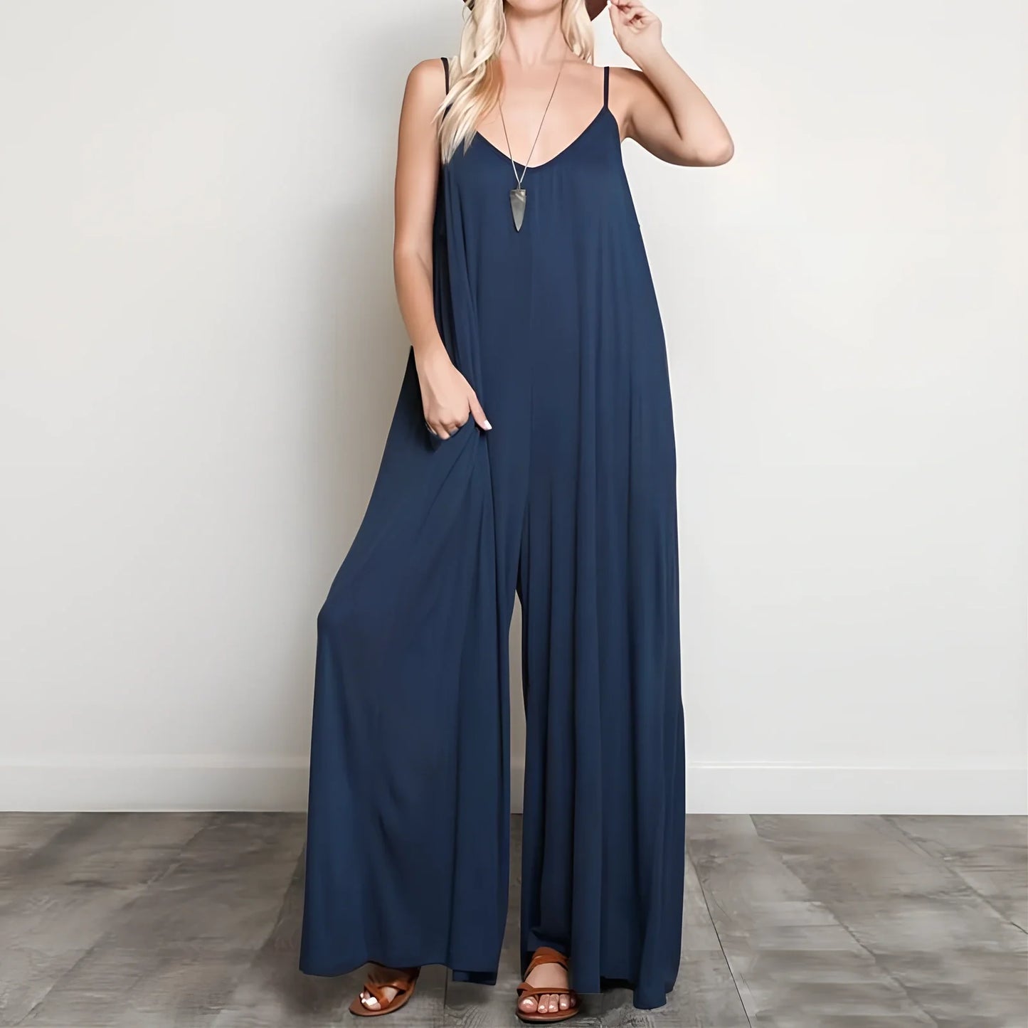 Women's black V-neck long jumpsuit with wide legs, loose fit up to 5XL, 160cm length for summer casual wear