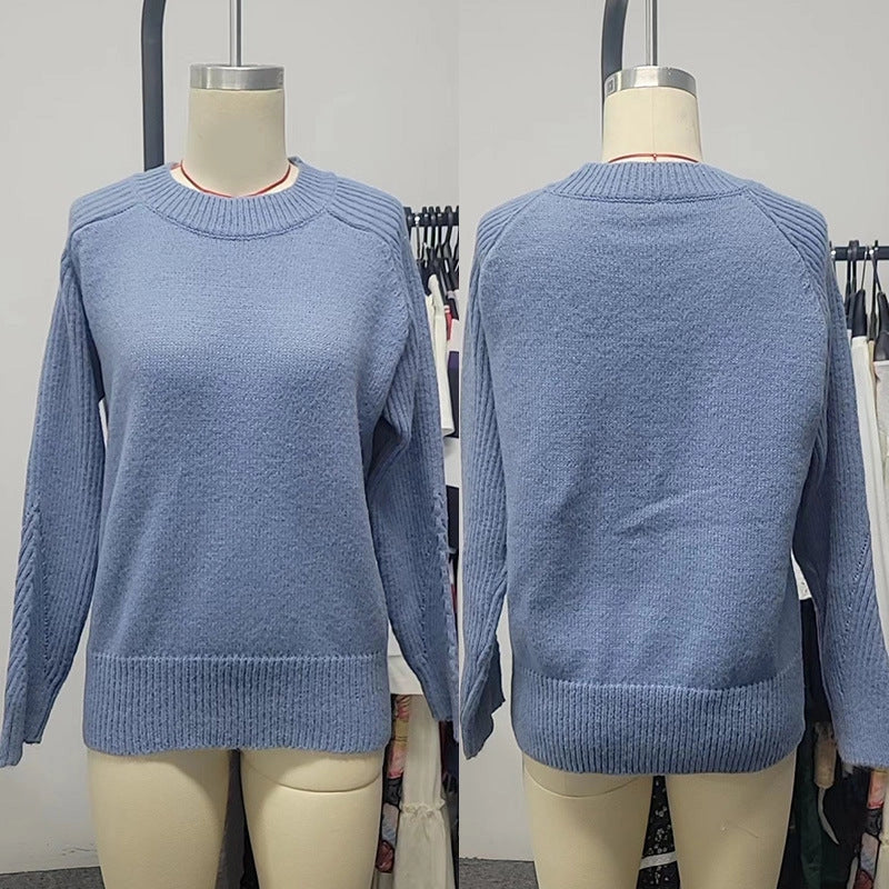 Milk blue Bedford cord sweater with round collar and long sleeves, perfect for casual wear.