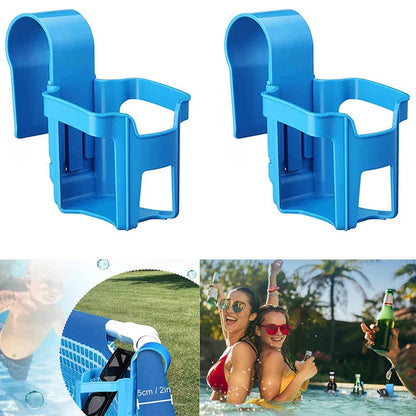 Poolside drink holder securely clipping onto the side of an above-ground swimming pool, holding a variety of cup sizes for refreshing beverages