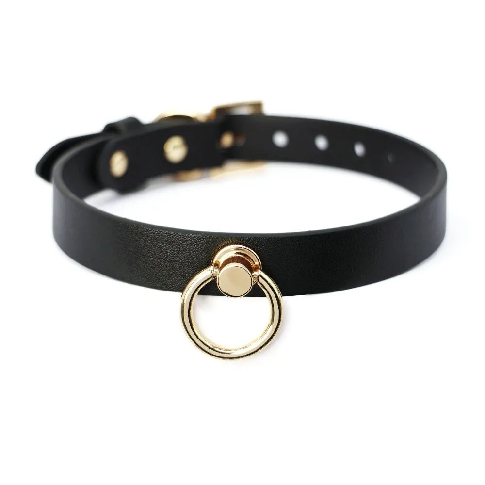 Black genuine cowhide leather BDSM collar with chain links and a matching dog lead.