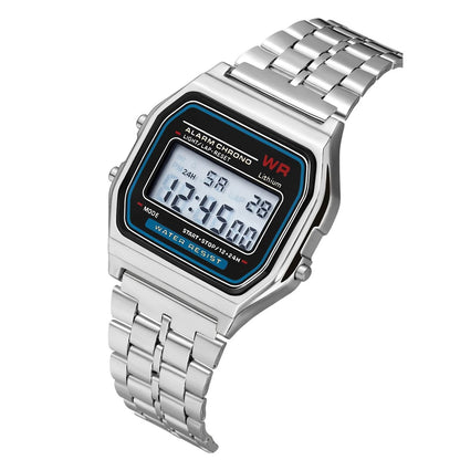 WR F91W Steel Band Electronic Watch with square dial and stainless steel strap