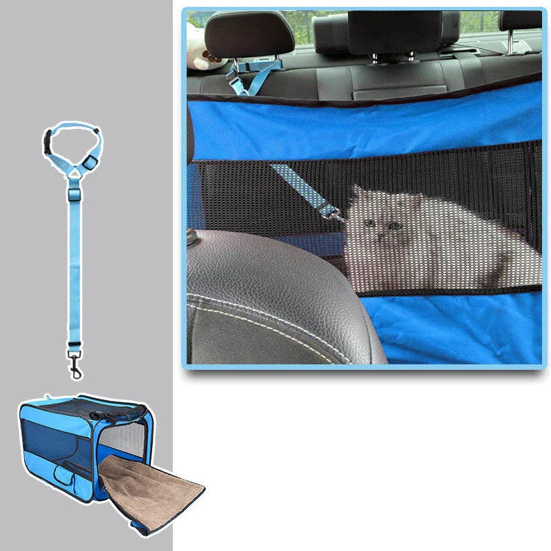 Premium soft-sided pet carrier with seatbelt straps, foldable design, and removable cushion for safe and comfortable pet travel