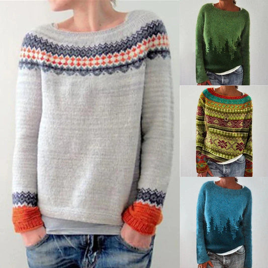 Women's loose multicolor acrylic pullover sweater with round neck, available in various colours and sizes.