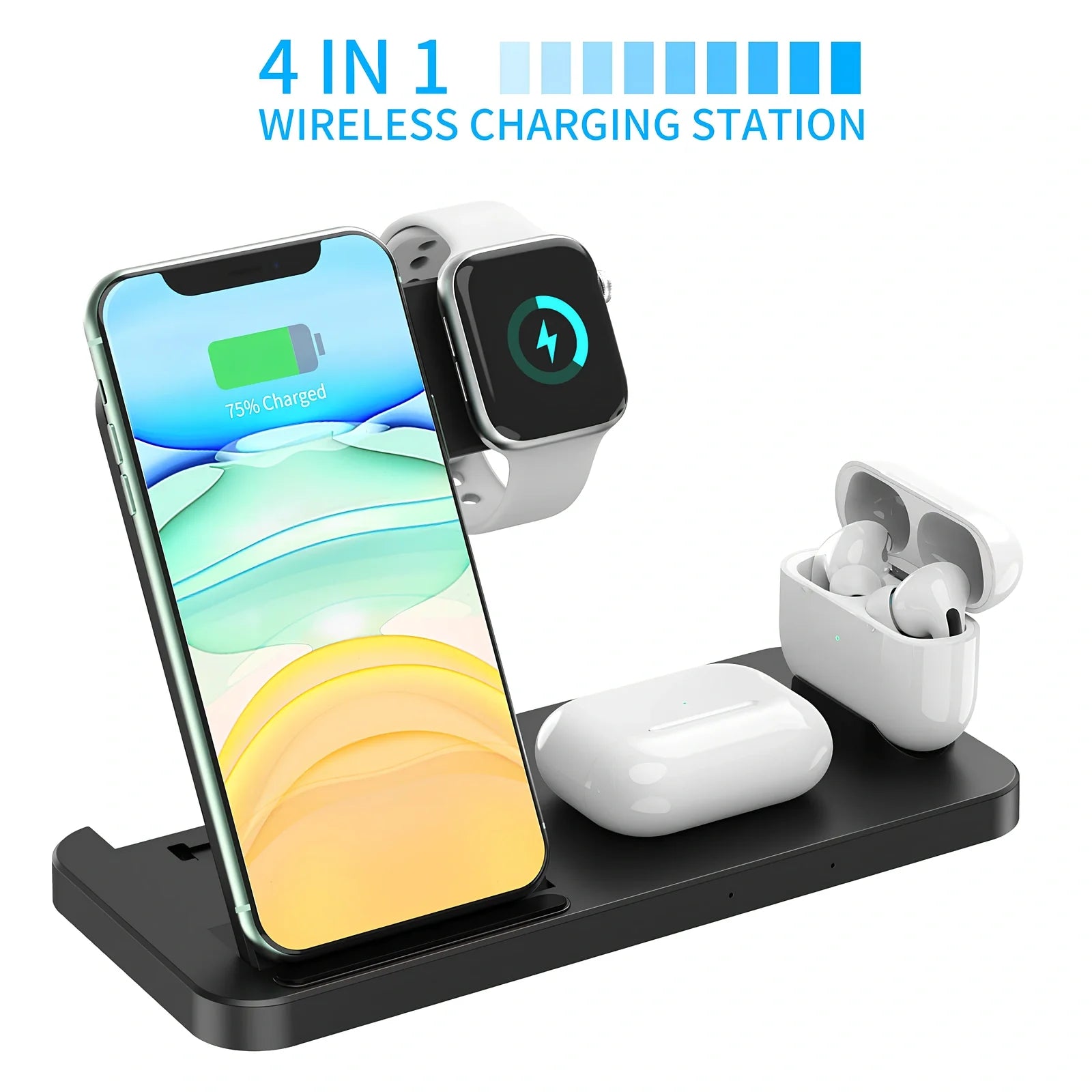 Black three-device wireless charger with phone and watch charging on non-slip base
