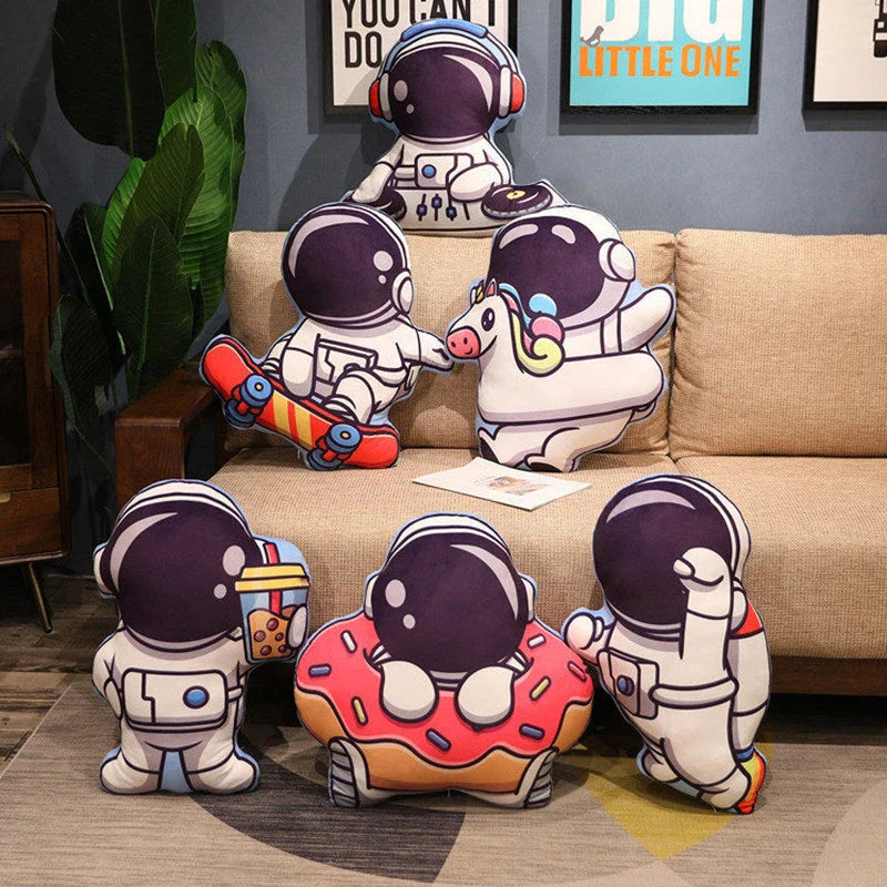 Cozy space-themed plush pillow with astronaut, rocket, and spacecraft motifs for kids