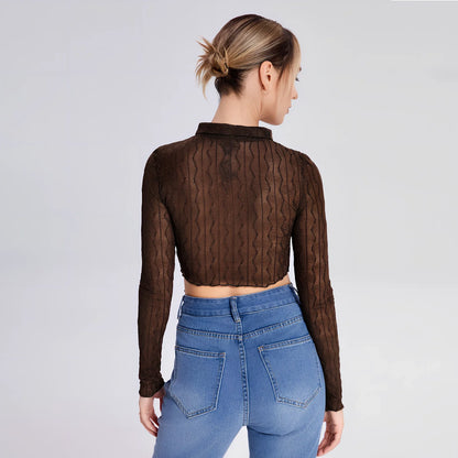 Women's black slim-fit long-sleeved lapel T-shirt, 80% polyester 20% spandex, 60cm sleeves, sizes S M L