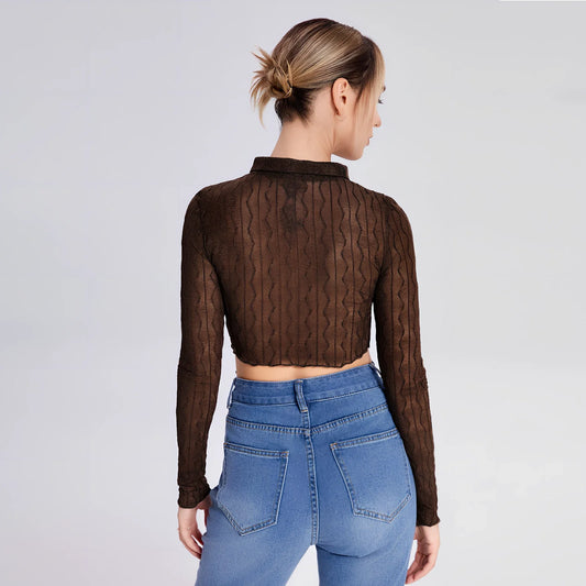 Women's black slim-fit long-sleeved lapel T-shirt, 80% polyester 20% spandex, 60cm sleeves, sizes S M L