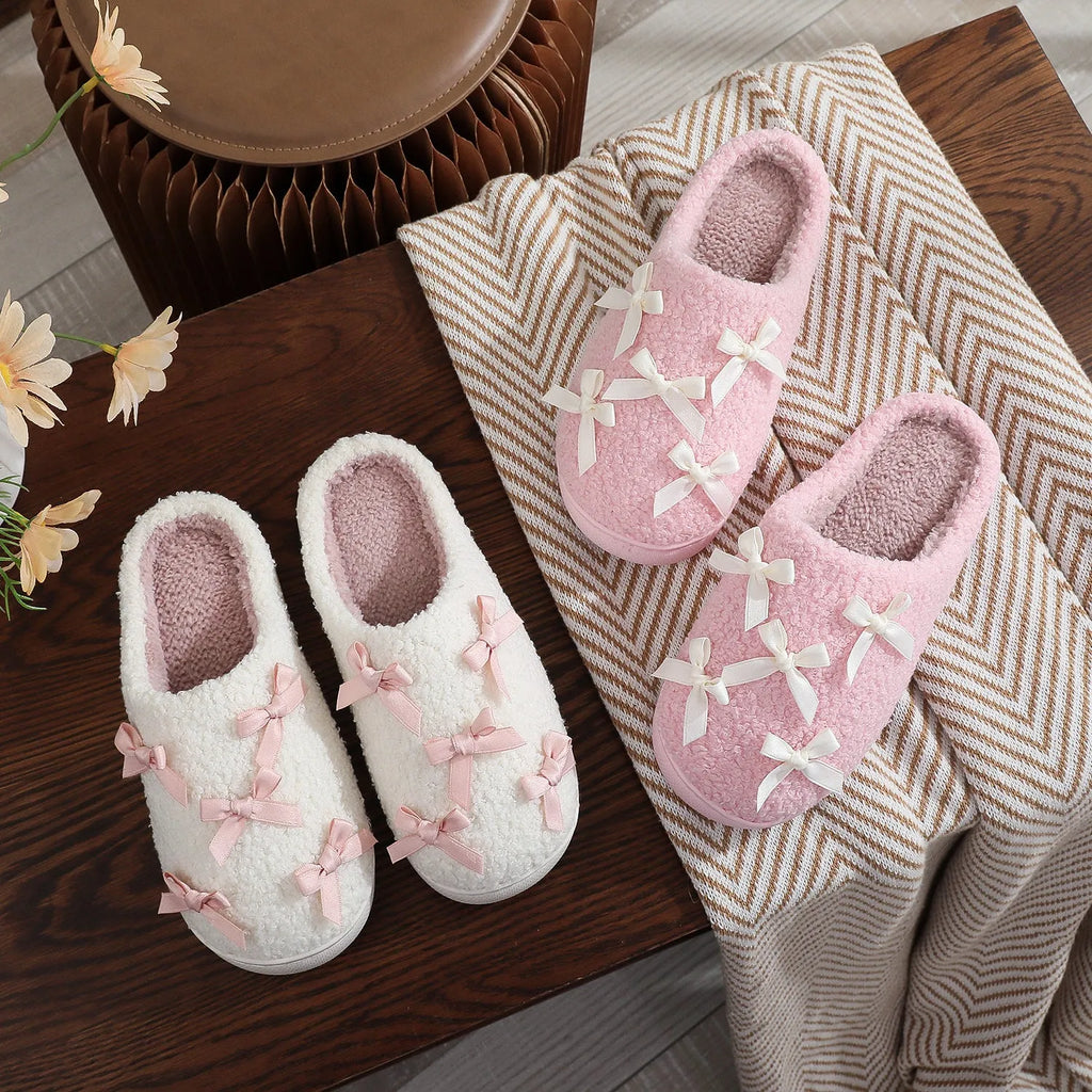 Women's cute bow slippers with thickened plush upper and artificial wool inner, in white, flat heel style