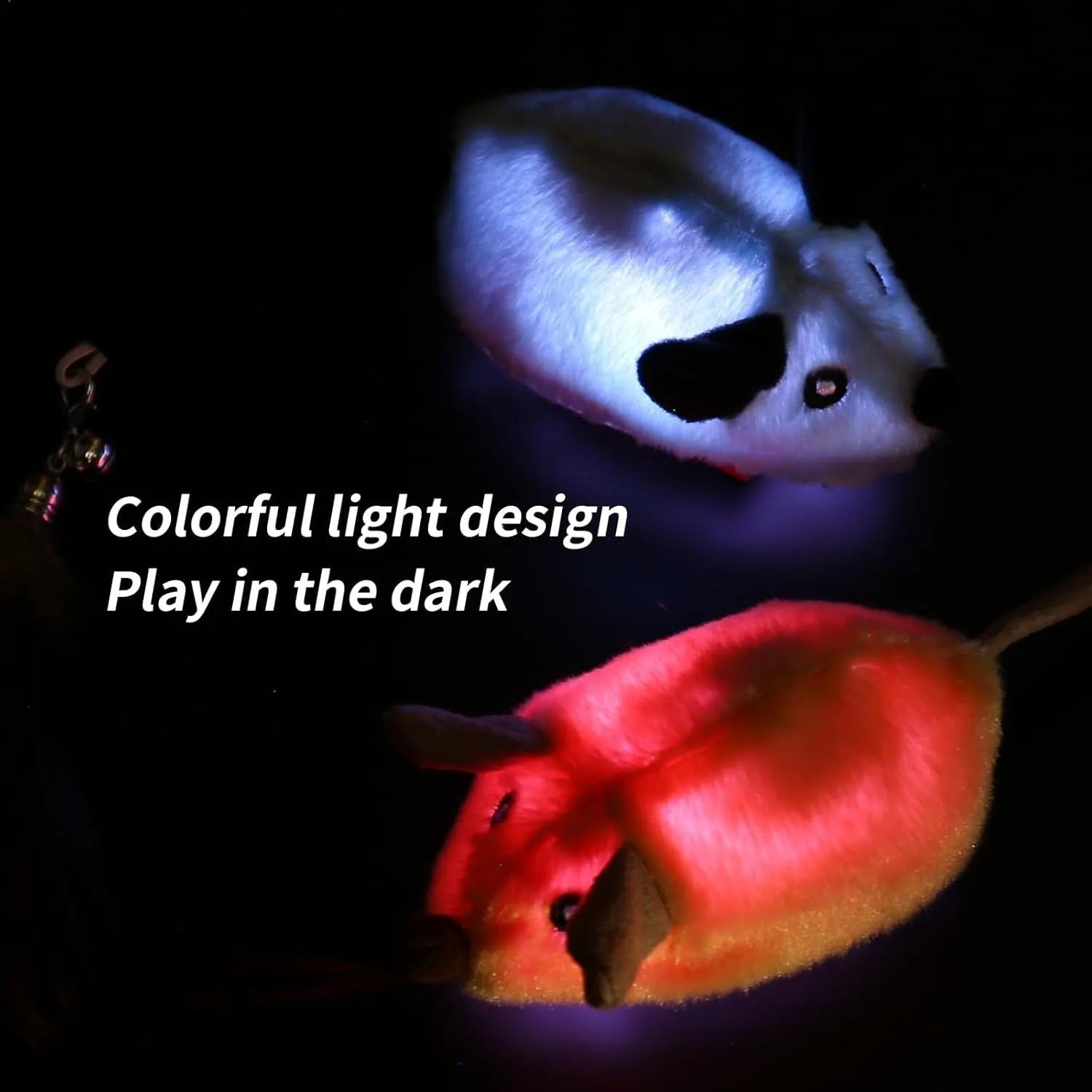 Grey and yellow rechargeable LED automatic moving cat mouse toy with feather and bell tail on floor