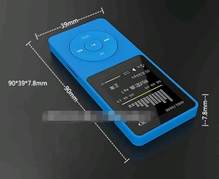 1.8 inch screen MP4 player in various colours showing display interface and compact 90mm design