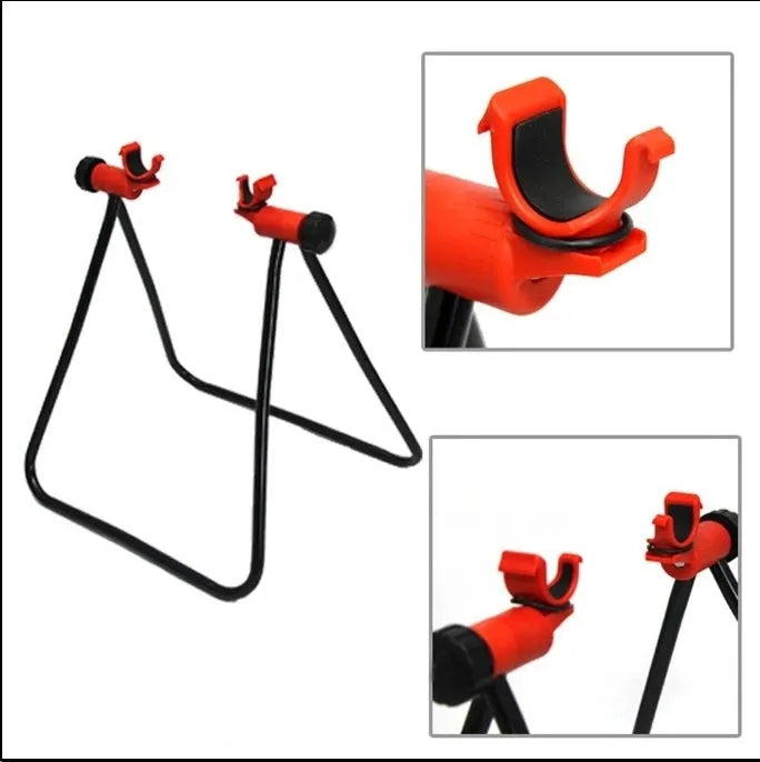 Black foldable aluminium bicycle repair rack with chain stay mounts and adjustable height for 20-29 inch bikes