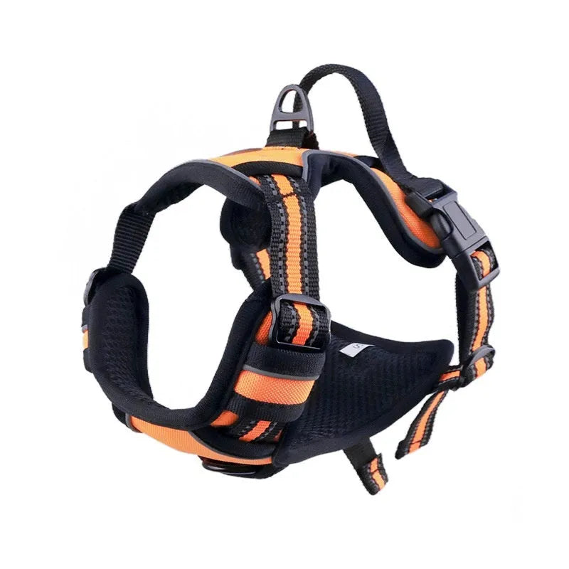 Adjustable outdoor dog chest strap harness made of Oxford cloth in various colours with a D-ring.