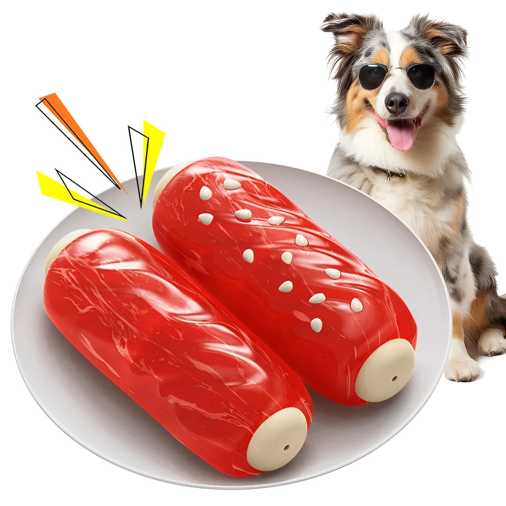Primary colour bone-shaped dog chew toy with textured rubber cleaning surface.