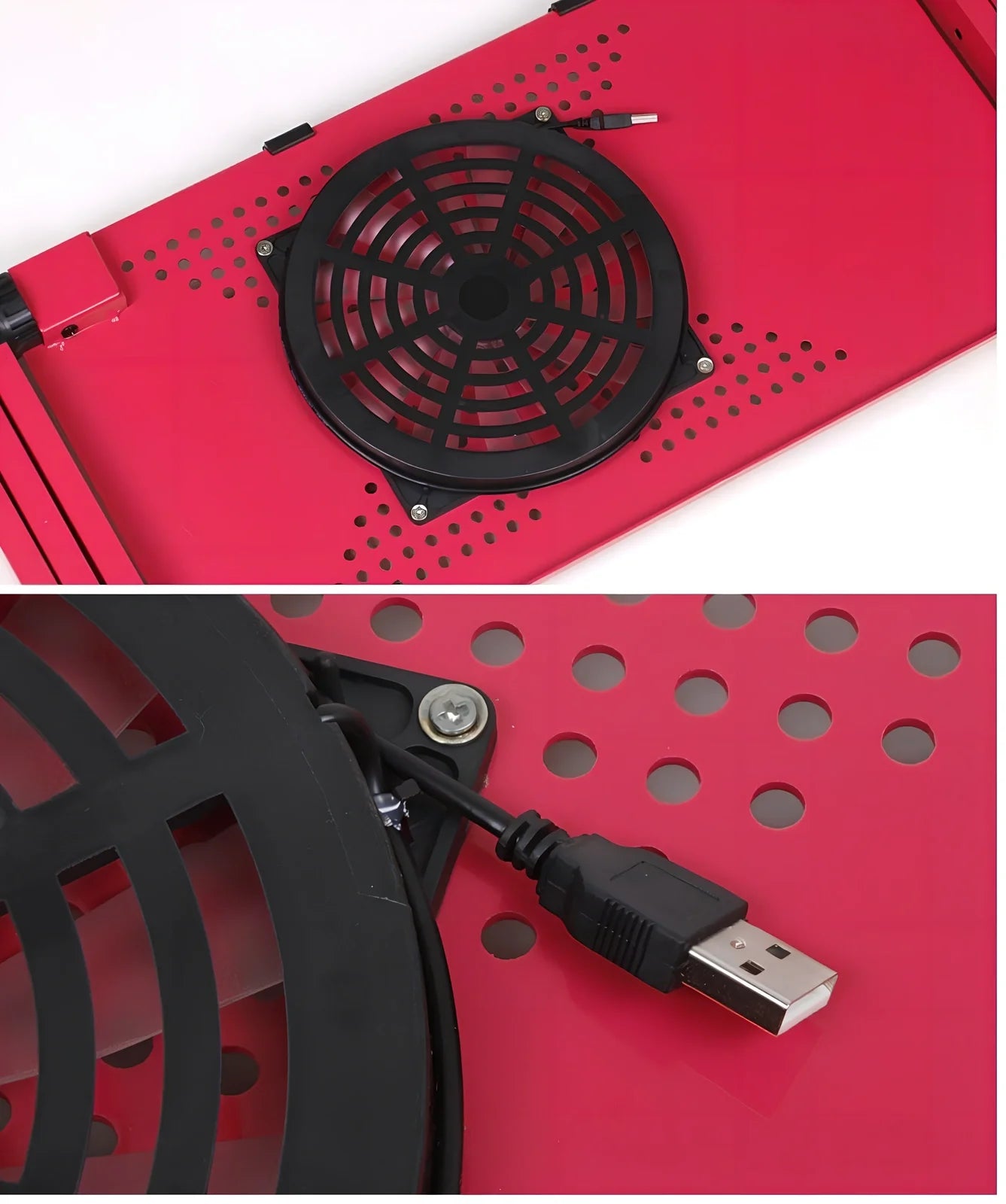 Adjustable aluminium laptop stand with cooling fan in black colour, showing height adjustment mechanism