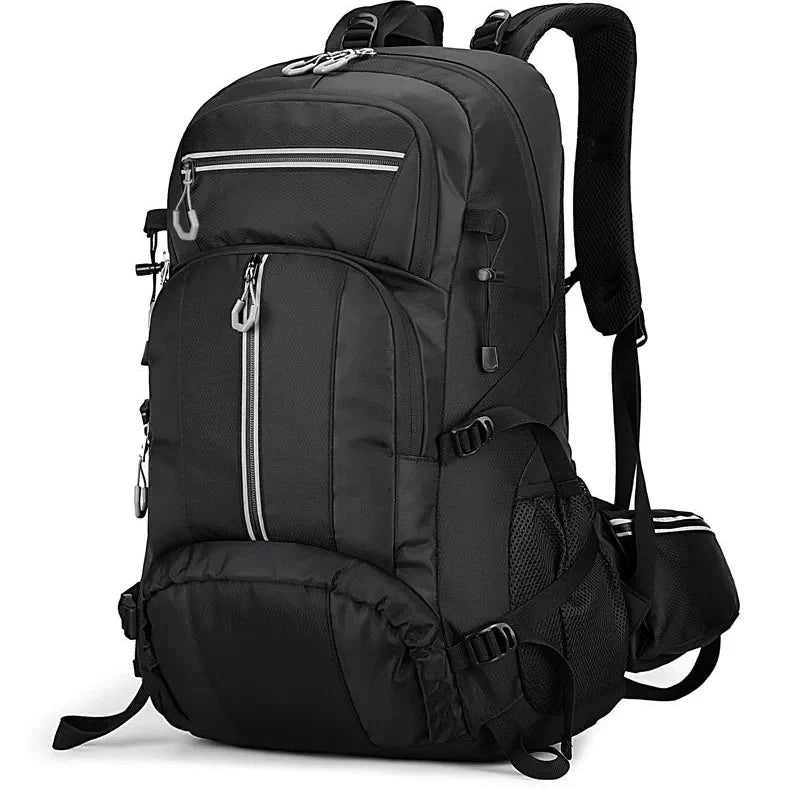 Black 50-litre fishing backpack with multiple compartments and external attachment points for fishing rods