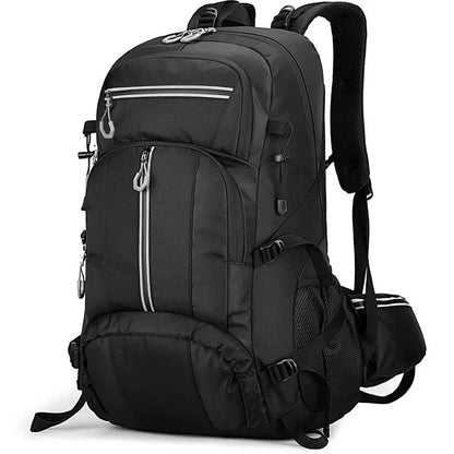 Black 50-litre fishing backpack with multiple compartments and external attachment points for fishing rods