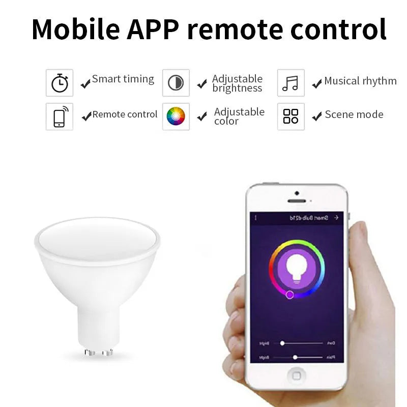 GU10 smart LED spotlight bulb with RGBCCT colours, compact 50x55mm dimensions