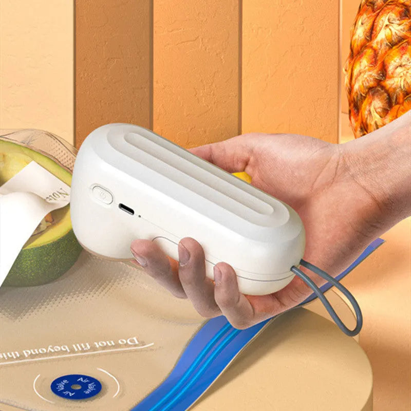 White ABS hand electric vacuum sealing machine with USB charging, compact size 54x63x132mm