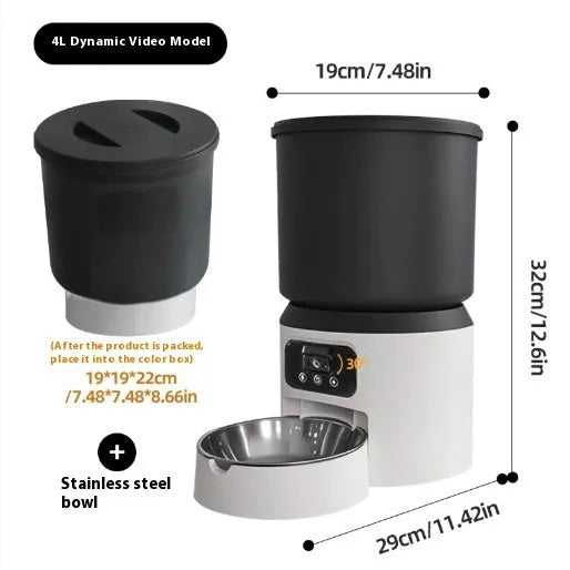 4-litre smart pet feeder with smartphone app showing remote control and video feed.