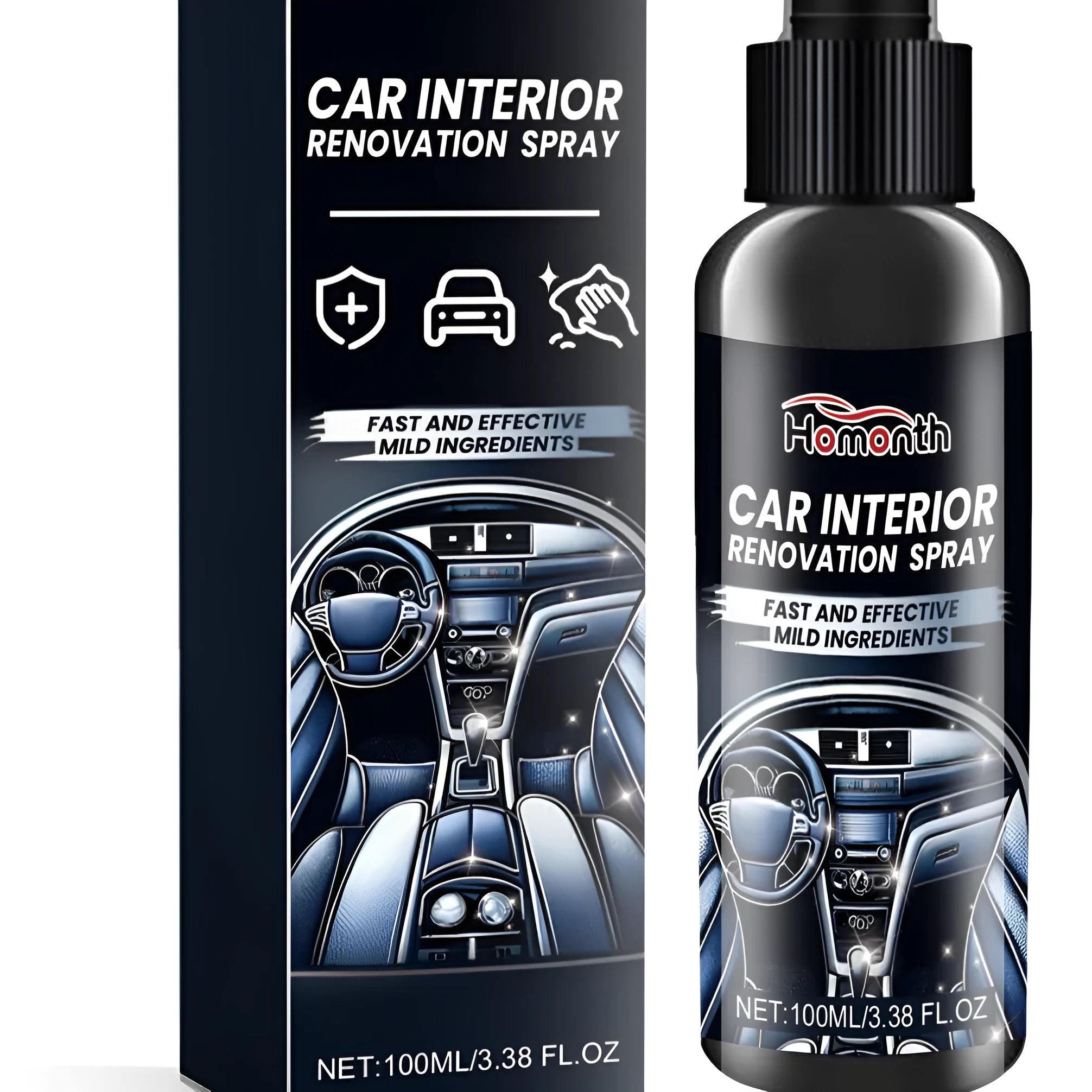 Car interior renovation spray can measuring 3.8cm by 14.6cm for dashboard and seat cleaning